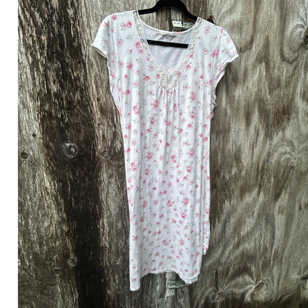 Carole Hochman Pink Floral Cotton Nightgown Lace Trim Sleepwear Lounge Romantic